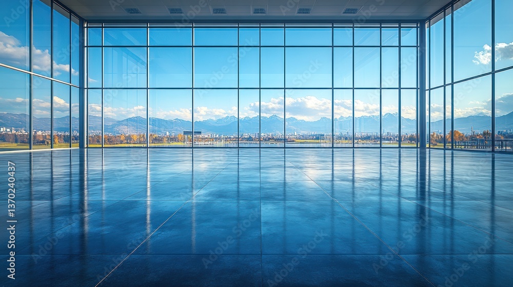 Poster Modern spacious empty hall with panoramic windows and mountain view.