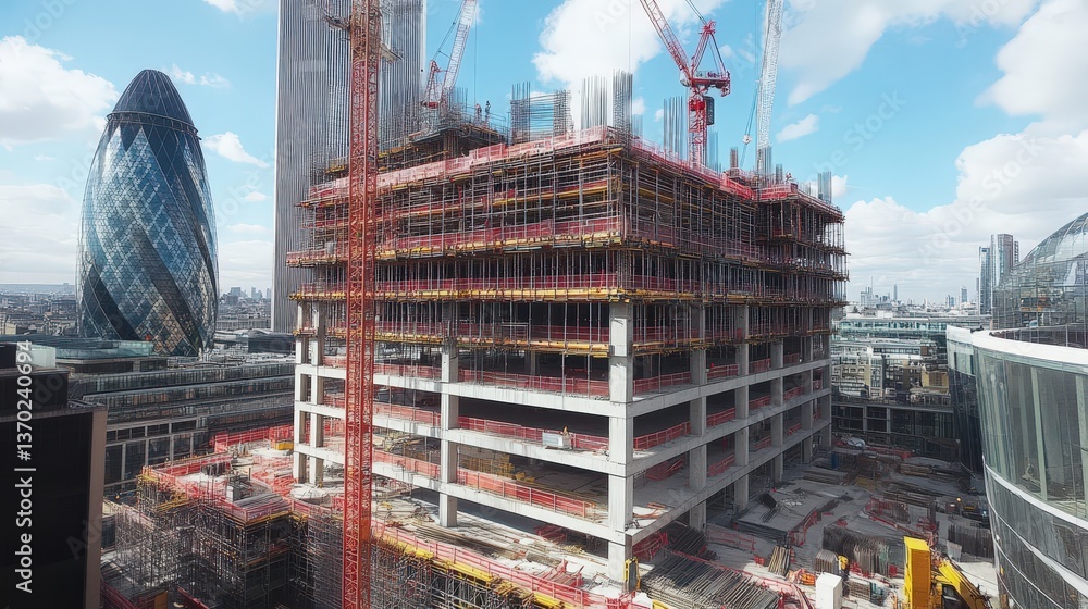 Poster a construction site with cranes and scaffolding, showing a skyscraper in progress
