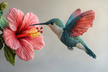 A meticulously embroidered hummingbird hovers near a vibrant hibiscus flower, showcasing intricate needlework.