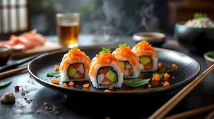 A gourmet dish of fresh salmon sushi on a plate, a healthy Japanese seafood meal