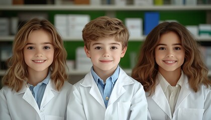 Fototapeta premium Kids in lab coats, pharmacy