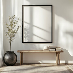 A photo of a large black blank frame on the wall, a simple and minimalistic interior design with a wooden console table in the Japandi style
