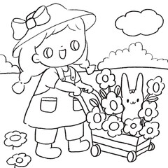 Girl in flower garden coloring book for kids