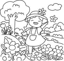 little girl with flowers field cartoon 