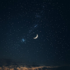 A visual of a night sky with stars and a crescent moon at the centre.