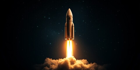 Naklejka premium Bright stars lead to a rocket launch in a stunning night sky filled with cosmic wonder