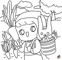 coloring book with farmer girl  cartoon and rabbit animals cartoon