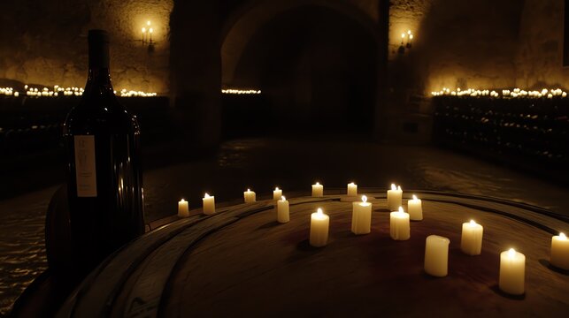 A dimly lit wine cellar with candles and a bottle of wine.