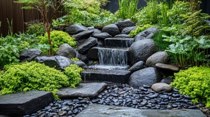 Serene Waterfall Garden with Dark Stones and Lush Greenery