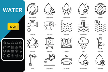  Water icon set. water treatment, save water, water bottle and more. line icon style. essential element illustration Pro Vector
