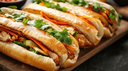 Delicious Vietnamese Sandwiches with Fresh Ingredients, Chicken, Carrots, Cucumbers, and Coriander on Wooden Platter Ready for a Tasty Meal Experience