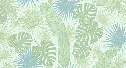 Delicate tropical foliage repeat pattern with monstera and palm fronds design