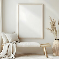 A photograph of a large, white wooden picture frame on the wall, blank inside for text or design, in a minimalist style with neutral colors