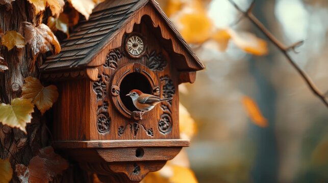 A classic wooden cuckoo clock with a tiny bird emerging as the hour strikes.
