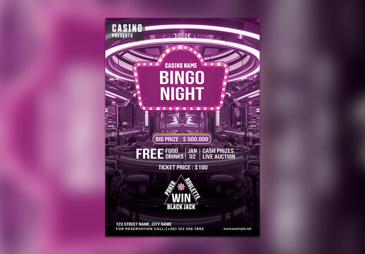 Bingo Night Editable Flyer with Neon Light Casino Interior for Publishing.
