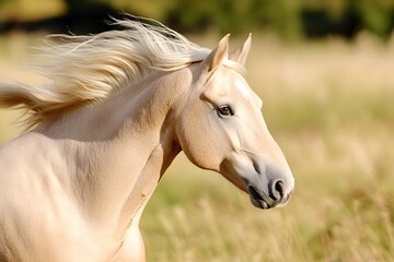Obraz premium Palomino horse, running, windy mane, open field, bokeh background