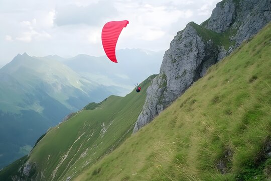Paraglider soars near a rugged, grassy mountain ridge under a cloudy sky