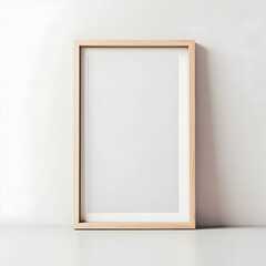 A simple, blank white picture frame leans against the wall in a minimalistic, neutral-toned setting