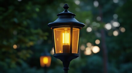Illuminated vintage-style lantern in a garden setting