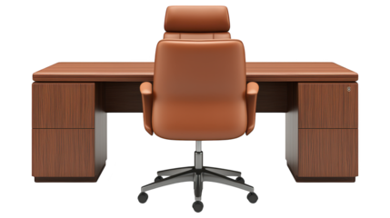 Enhance your workspace, a brown leather office chair and polished wooden desk for optimal productivity