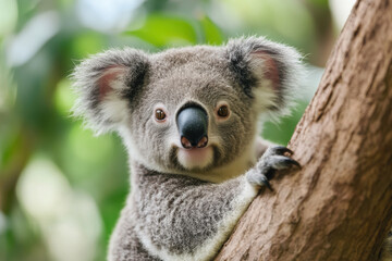 Fototapeta premium Koala bear hugging tree branch in lush green forest