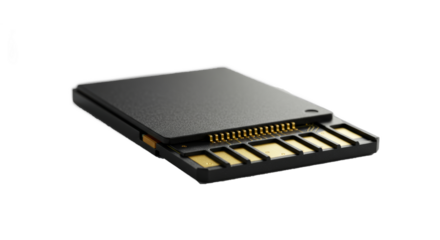 Close-up of a Secure Digital card showcasing its intricate design on white background
