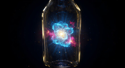 Captured cosmos: An ethereal galaxy cluster suspended within a glass bottle