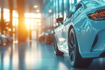 A sleek white sports car displayed in a modern showroom with sunlight streaming through large windows