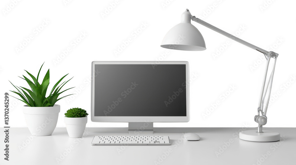 Poster clean white desk setup with computer for modern workspace modern