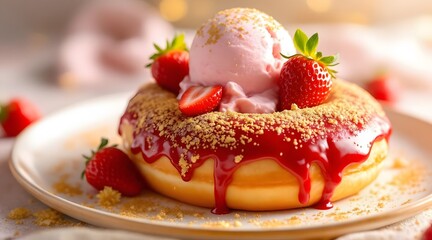 Obraz premium Strawberry Donut Dessert Topped with Ice Cream and Crumbles on Plate