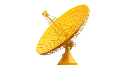 Bright yellow satellite dish against a deep black background, symbol of communication and space exploration