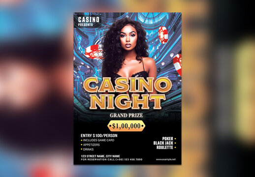 Casino Royal Party Flyer with Elegant Afro Woman for Advertising, Editable Design.