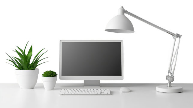 Clean white desk setup with computer for modern workspace modern