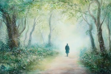 Obraz premium Serene Forest Path Man Walks Towards Light.