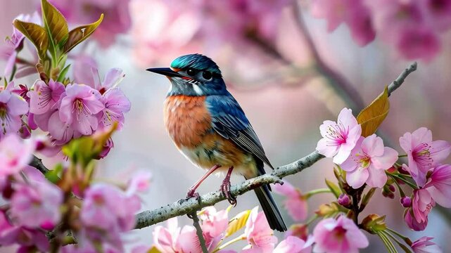 An eastern bluebird sits quietly on a branch, framed by delicate pink cherry blossoms, capturing the essence of spring and nature's beauty.