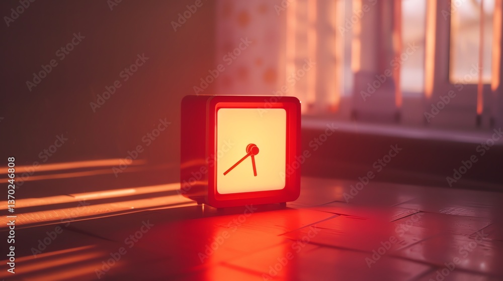 Poster a closeup of an alarm clock on a wooden table. the clock is red and glowing. the background is blurr