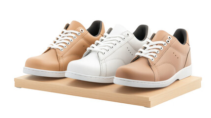 Naklejka premium Stylish brown and white shoes on a rustic wooden platform, modern footwear fashion statement