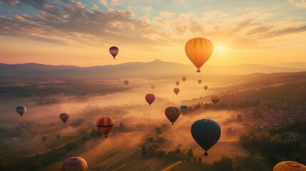 Obraz premium Majestic hot air balloons soar above a valley at sunrise, painted skies and misty landscape