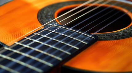 Fototapeta premium an acoustic guitar with strings vibrating as a musician strums a beautiful melody.
