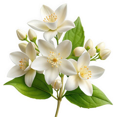 Obraz premium Beautiful white jasmine flowers with vibrant green leaves, symbolizing purity and simplicity, arranged elegantly against a dark background.
