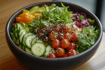 Fresh Garden Salad Anointed with Zesty Vinaigrette Droplets, Radiating Freshness and Flavor in Every Bite