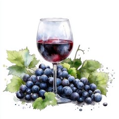 Watercolor Painting of Red Wine and Grapes