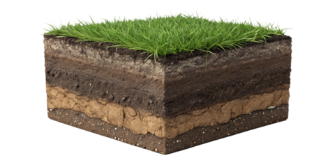 Cross Section of Soil Layers with Lush Green Grass on Top Showing Different Soil Horizons