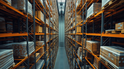 Aerial view of a large warehouse with towering storage racks arranged symmetrically in perfect alignment