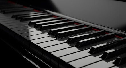 Naklejka premium Elegant grand piano keys in high gloss black finish reflecting light beautifully
