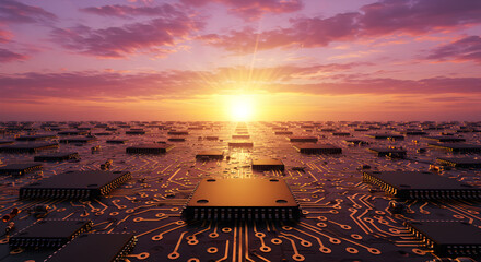 Electronic sunrise abstract background of integrated circuit horizons design