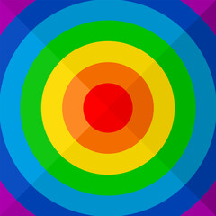 Rainbow colorful concentric circles bright colors square background. Vibrant color circles in the shape of a target, divided as sectors with various tint.