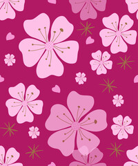Seamless pattern with beautiful flower blossoms. This cute flower-pink hand-drawn Sakura floral pattern is the perfect vector for your fabric, summer background, wallpaper, textile, or print.