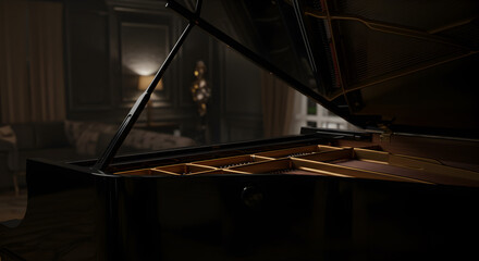 Sophisticated ambiance: Open black grand piano in a luxurious setting ready for performance