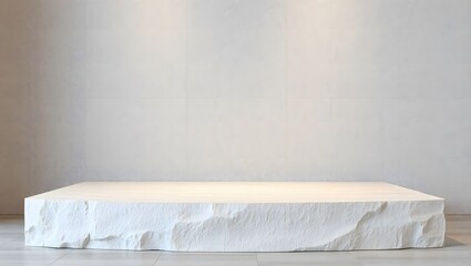 Clean white textured stone platform podium on neutral wall, minimal simple product placement marketing stage mockup